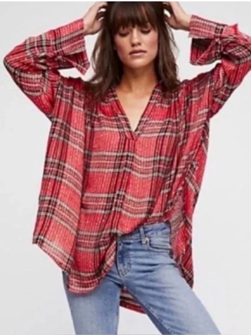 Free people Women's Red sequined Plaid V-Neck Oversized Top L